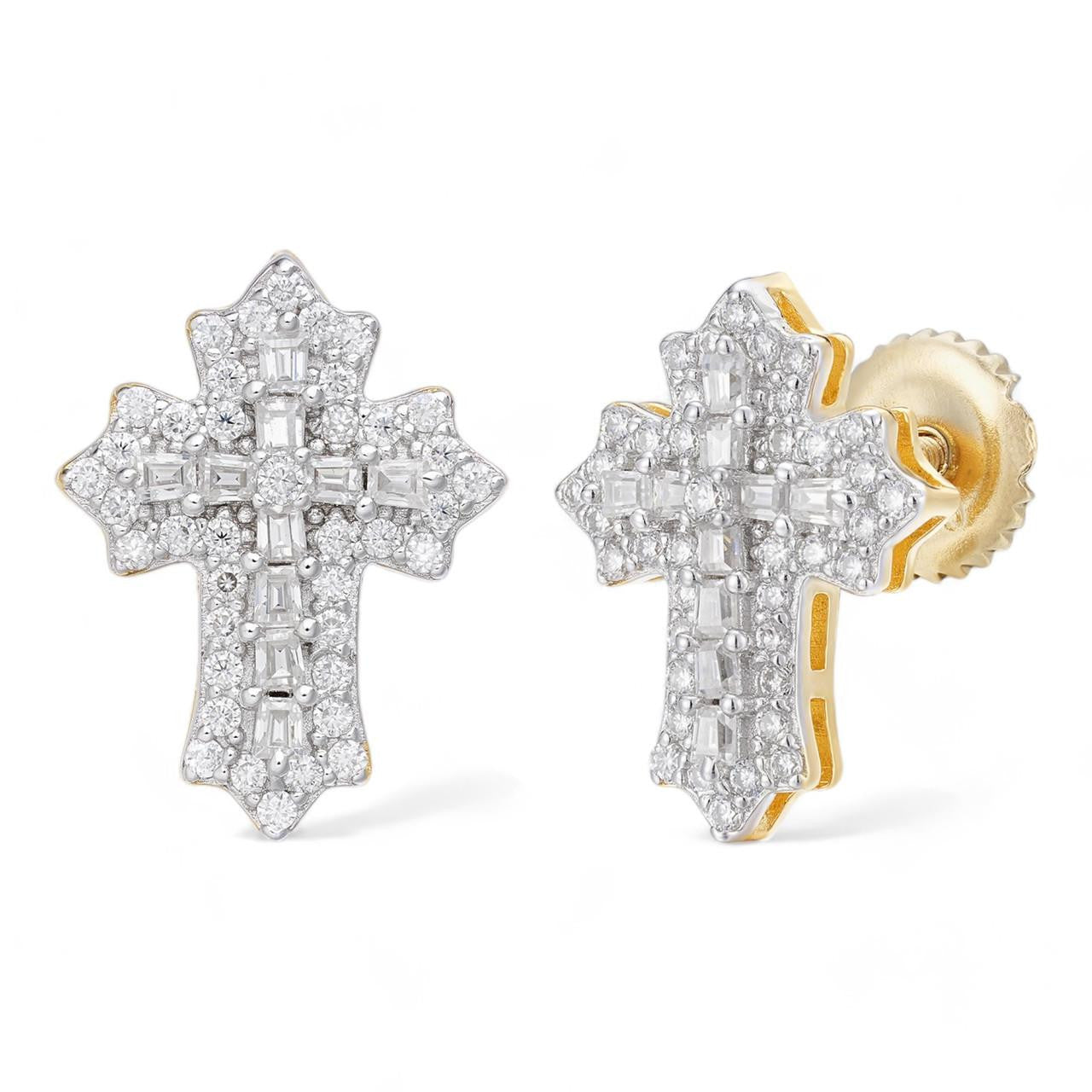 Baguette Gothic Cross Iced Out Earrings - 14k Gold Vermeil 925 Silver - CZ Stones - 11x15mm