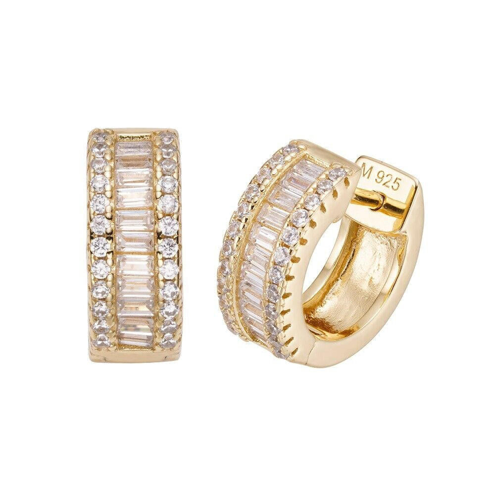 MOISSANITE Baguette Small Huggie Hoops - 14k Gold Vermeil 925 Silver - 12mm