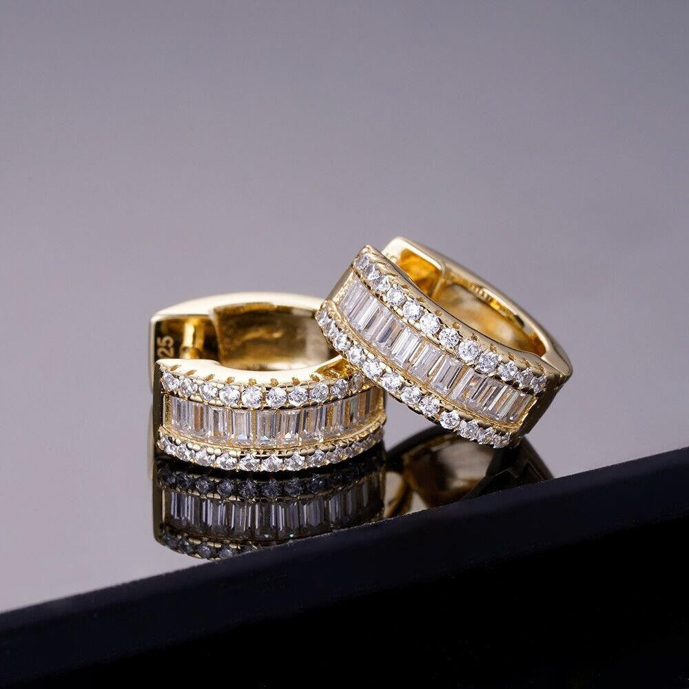 MOISSANITE Baguette Small Huggie Hoops - 14k Gold Vermeil 925 Silver - 12mm