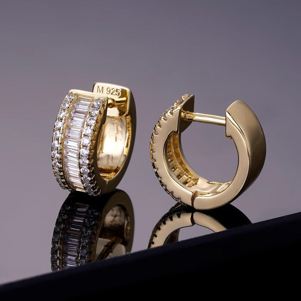 MOISSANITE Baguette Small Huggie Hoops - 14k Gold Vermeil 925 Silver - 12mm