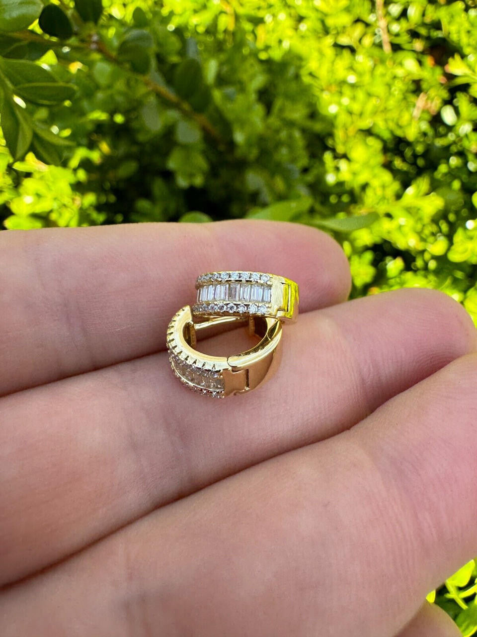 MOISSANITE Baguette Small Huggie Hoops - 14k Gold Vermeil 925 Silver - 12mm
