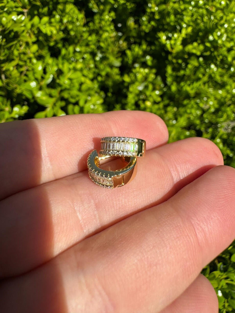 MOISSANITE Baguette Small Huggie Hoops - 14k Gold Vermeil 925 Silver - 12mm