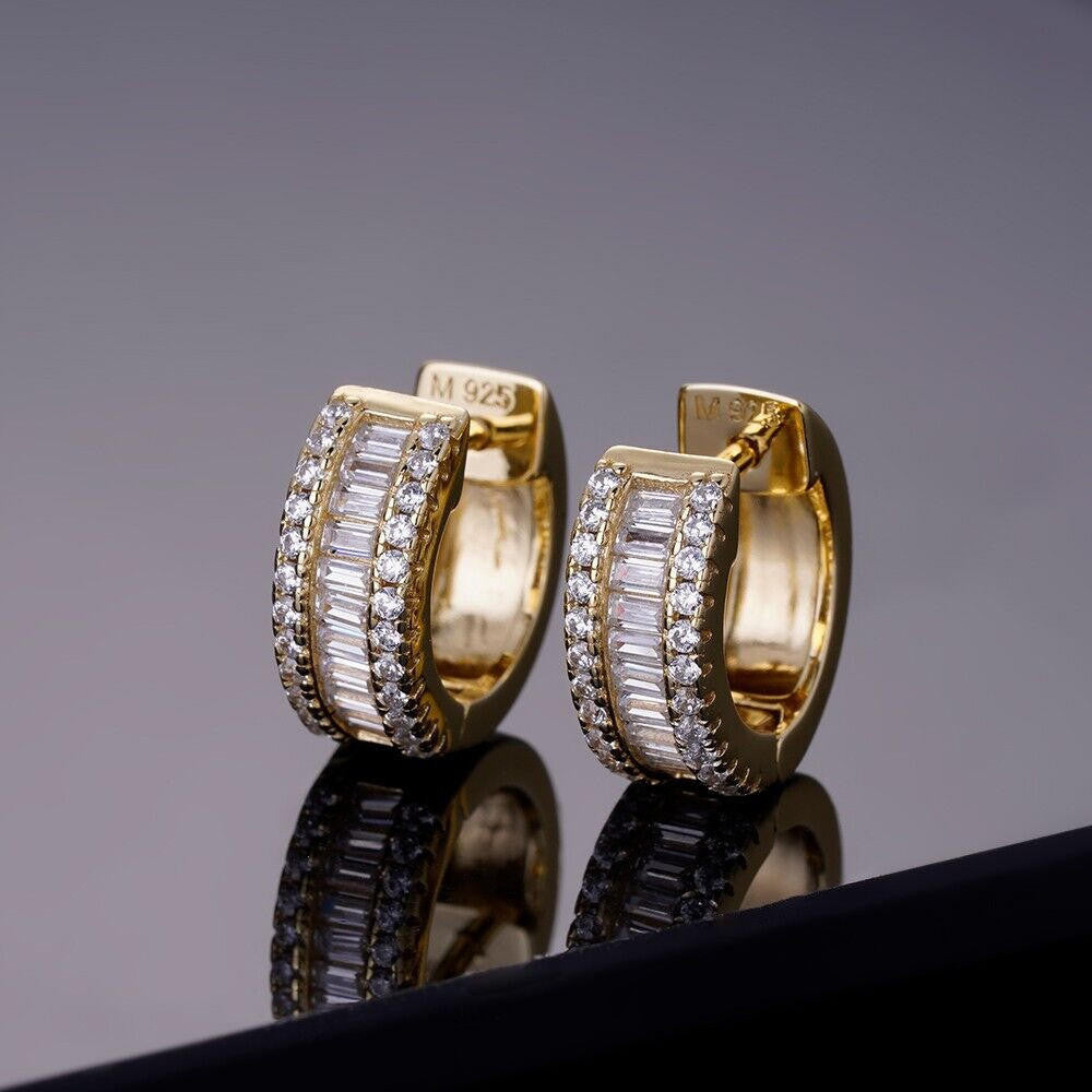 MOISSANITE Baguette Small Huggie Hoops - 14k Gold Vermeil 925 Silver - 12mm