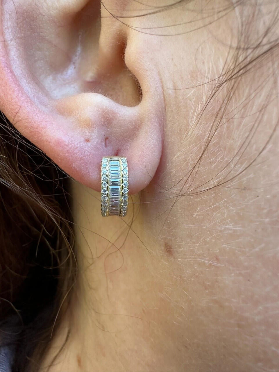 MOISSANITE Baguette Small Huggie Hoops - 14k Gold Vermeil 925 Silver - 12mm