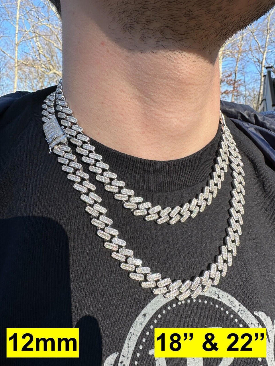 MOISSANITE Baguette Modern Prong Miami Cuban Link Chain Necklace Iced Out - 925 Silver - 12mm-22mm - 16-30"