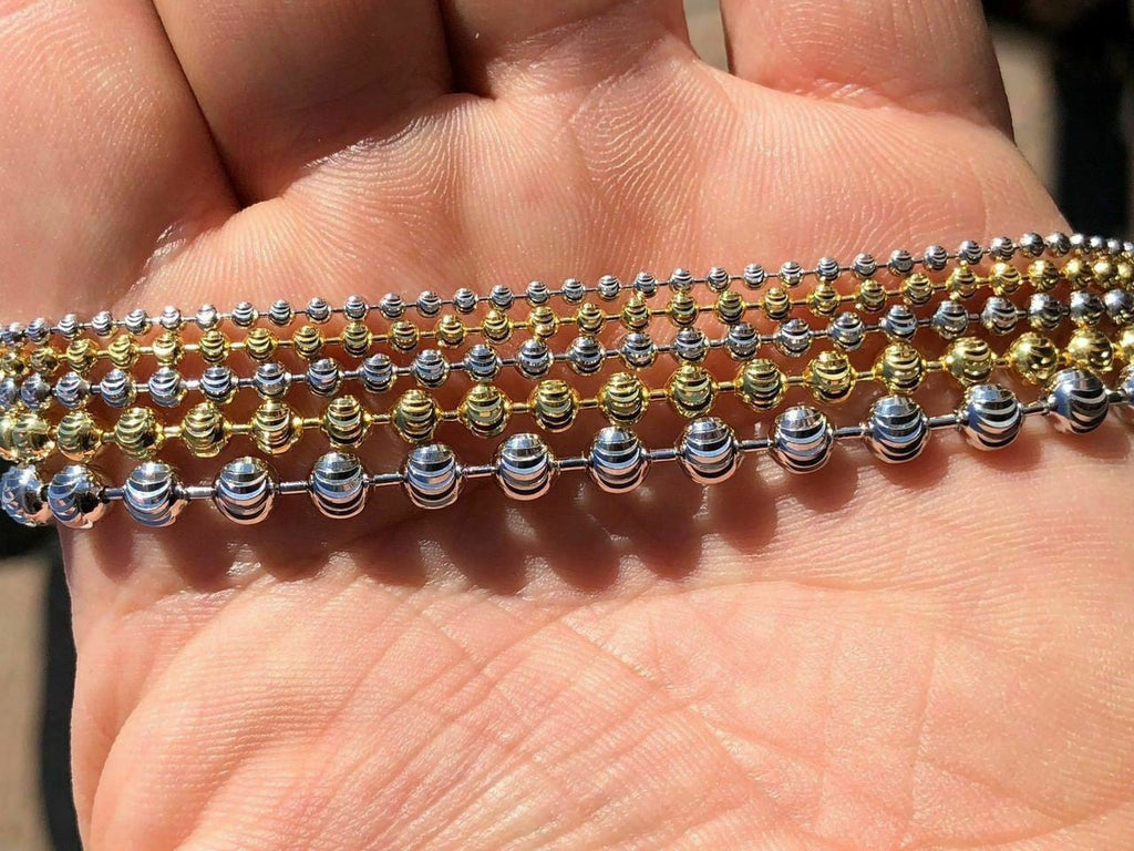 Ball Moon Chain SOLID 925 Silver 14k Yellow Gold / Rhodium Diamond Cut Men Women