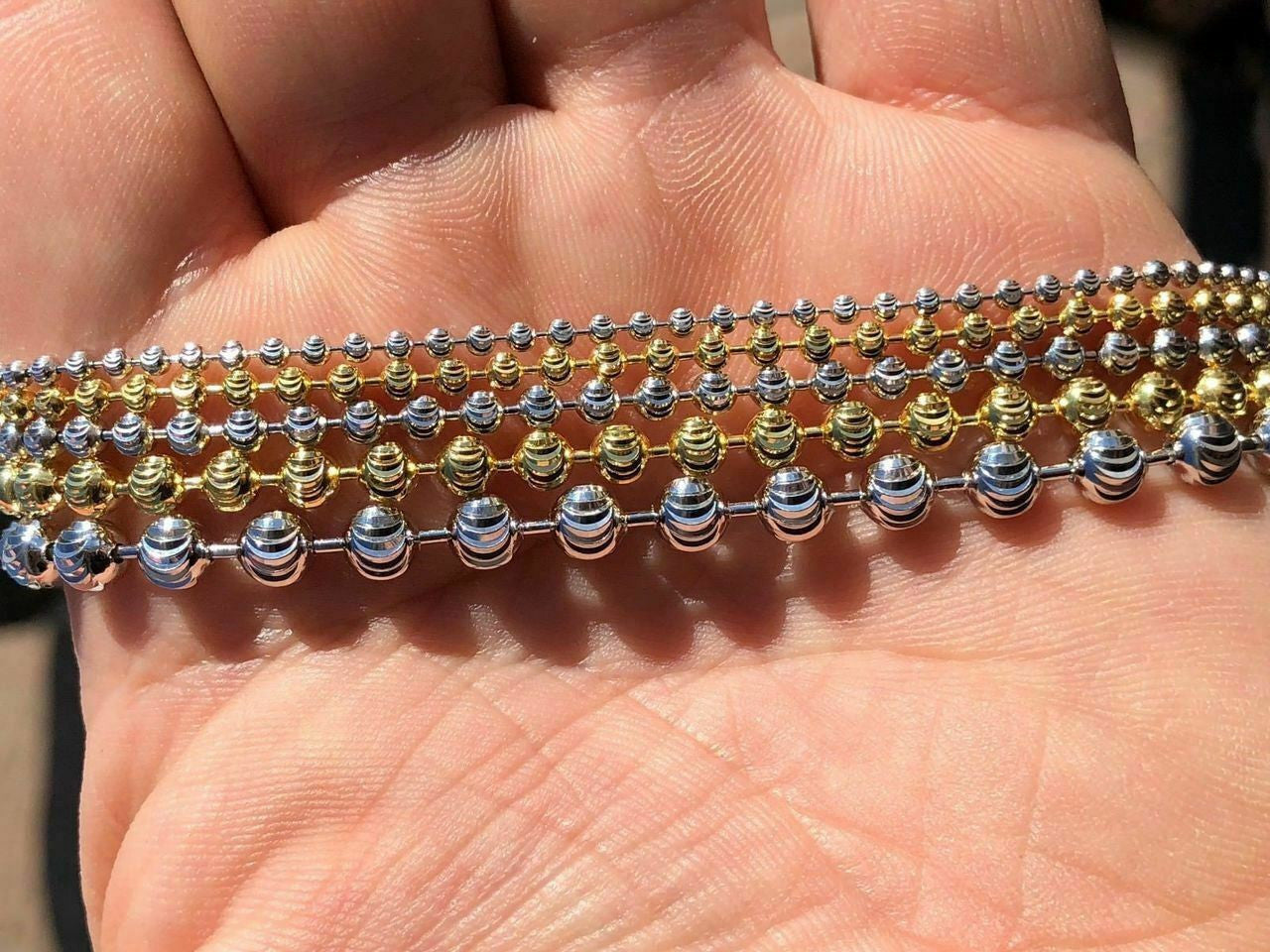 Ball Moon Chain SOLID 925 Silver 14k Yellow Gold / Rhodium Diamond Cut Men Women