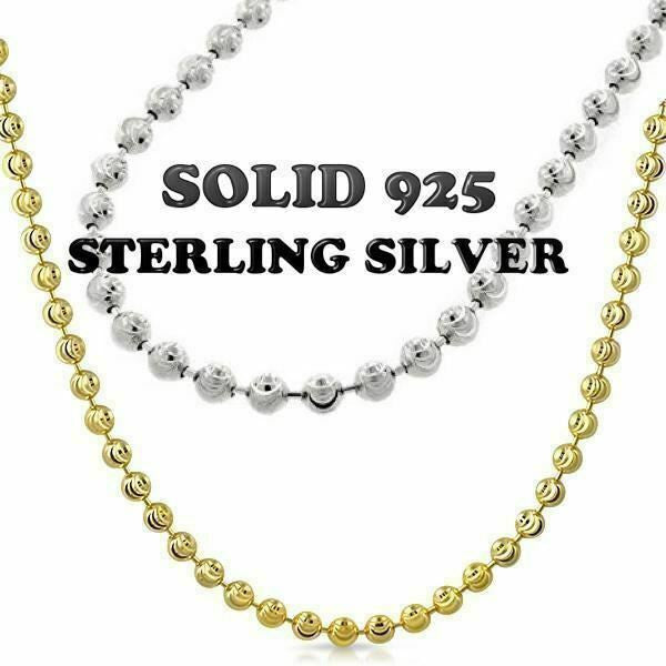 Ball Moon Chain SOLID 925 Silver 14k Yellow Gold / Rhodium Diamond Cut Men Women