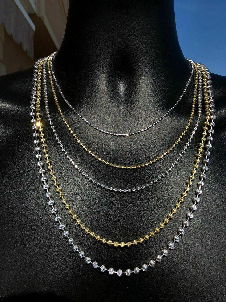 Ball Moon Chain SOLID 925 Silver 14k Yellow Gold / Rhodium Diamond Cut Men Women