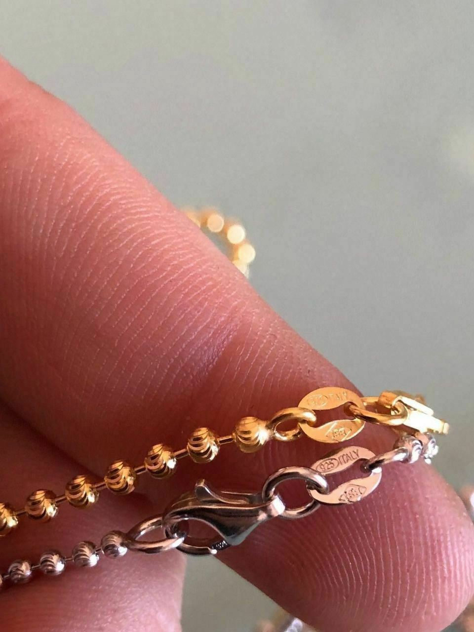 Ball Moon Chain SOLID 925 Silver 14k Yellow Gold / Rhodium Diamond Cut Men Women
