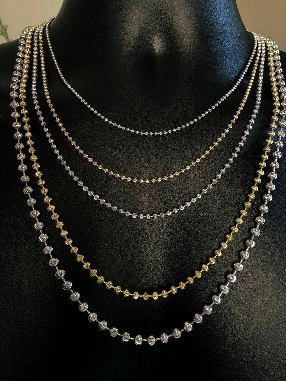 Ball Moon Chain SOLID 925 Silver 14k Yellow Gold / Rhodium Diamond Cut Men Women