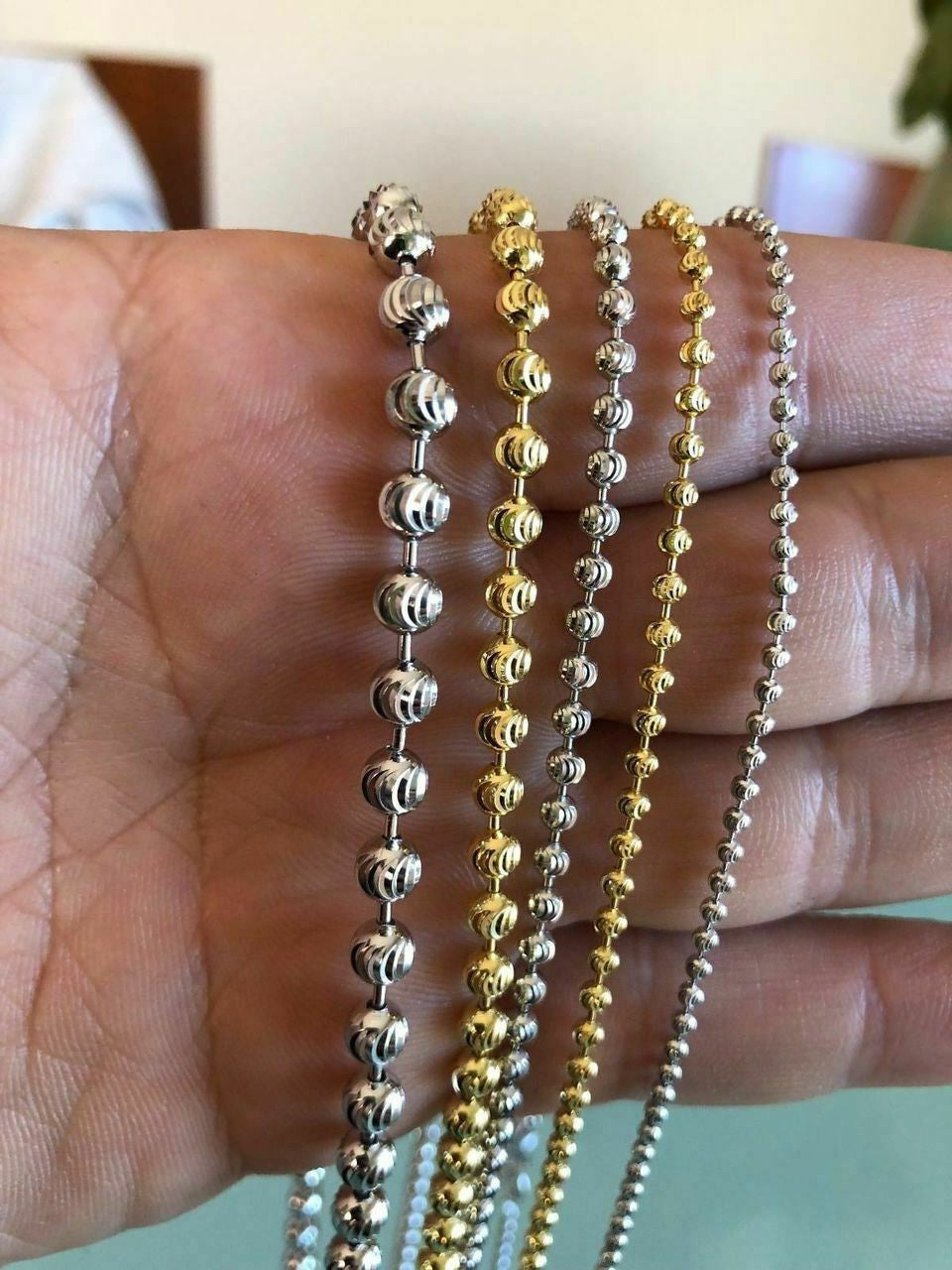 Ball Moon Chain SOLID 925 Silver 14k Yellow Gold / Rhodium Diamond Cut Men Women