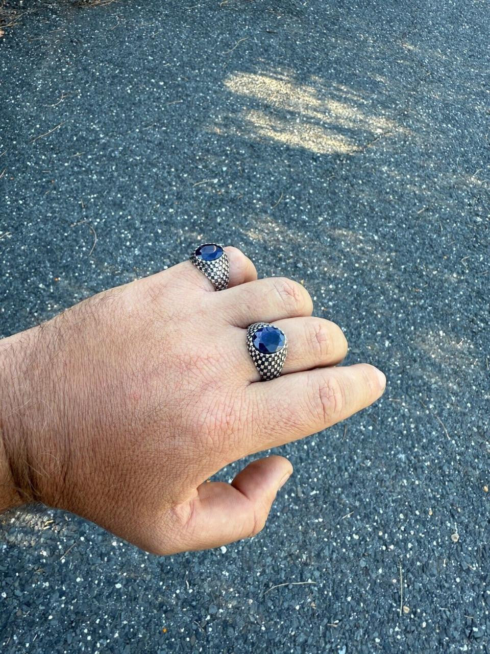 Black & White Ring - 925 Silver Oxidized - Genuine Blue Sapphire Stone