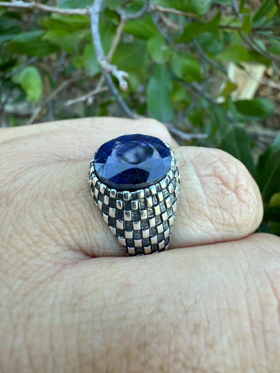 Black & White Ring - 925 Silver Oxidized - Genuine Blue Sapphire Stone