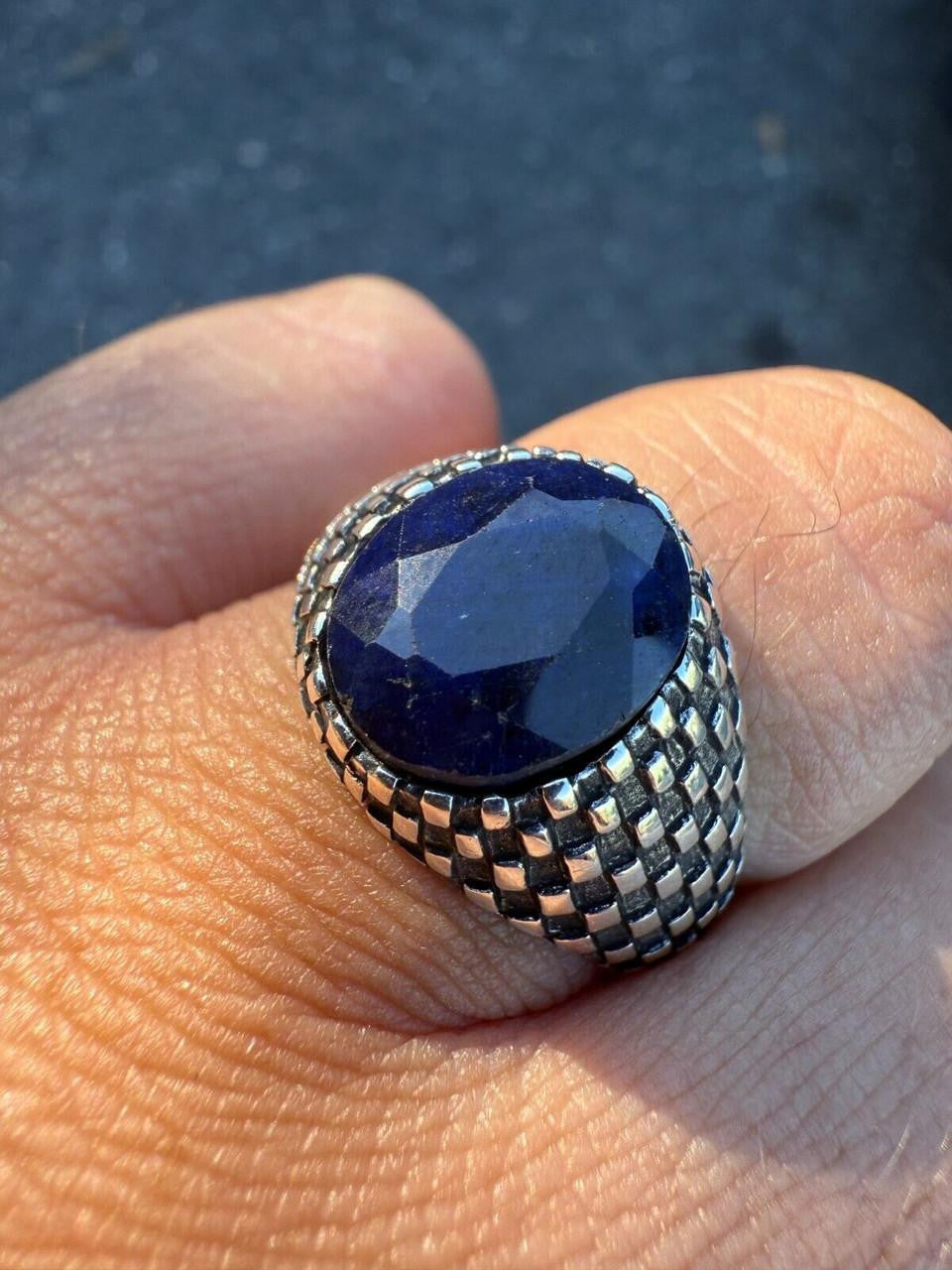 Black & White Ring - 925 Silver Oxidized - Genuine Blue Sapphire Stone