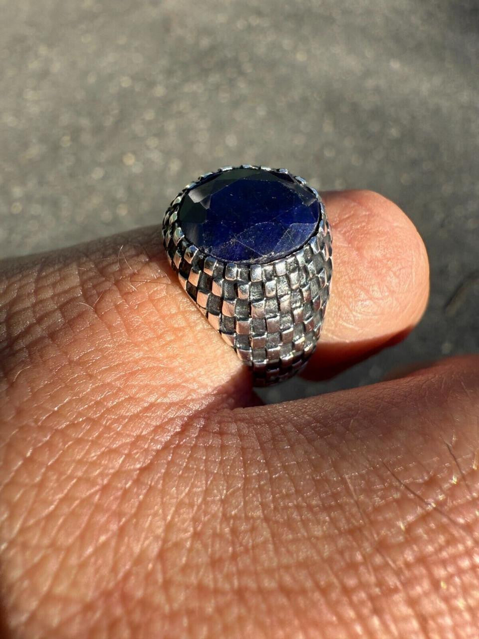 Black & White Ring - 925 Silver Oxidized - Genuine Blue Sapphire Stone
