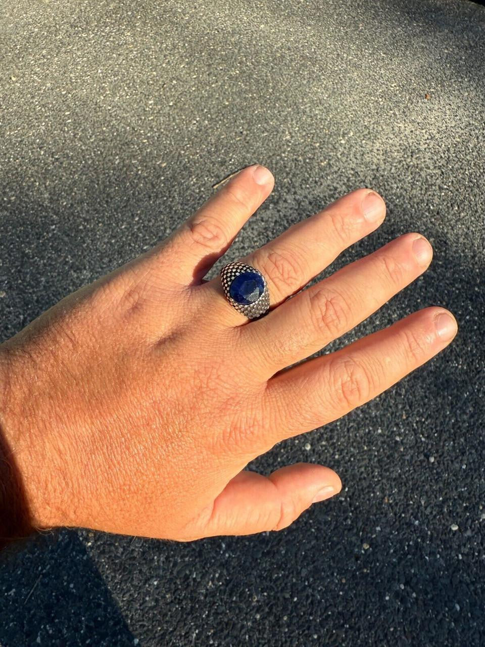 Black & White Ring - 925 Silver Oxidized - Genuine Blue Sapphire Stone