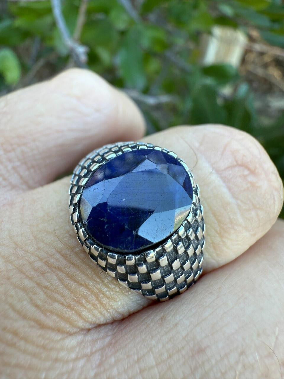 Black & White Ring - 925 Silver Oxidized - Genuine Blue Sapphire Stone