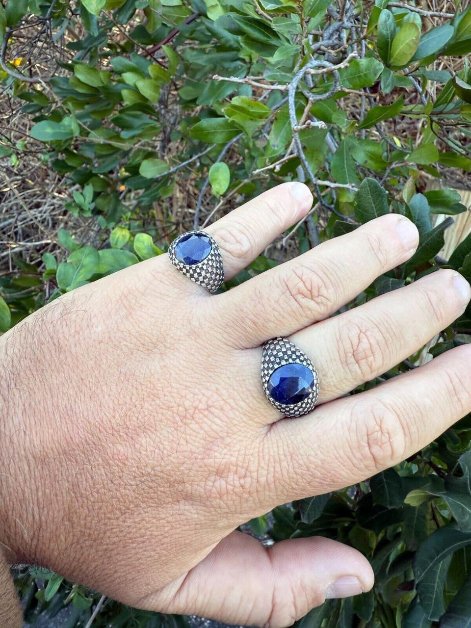 Black & White Ring - 925 Silver Oxidized - Genuine Blue Sapphire Stone
