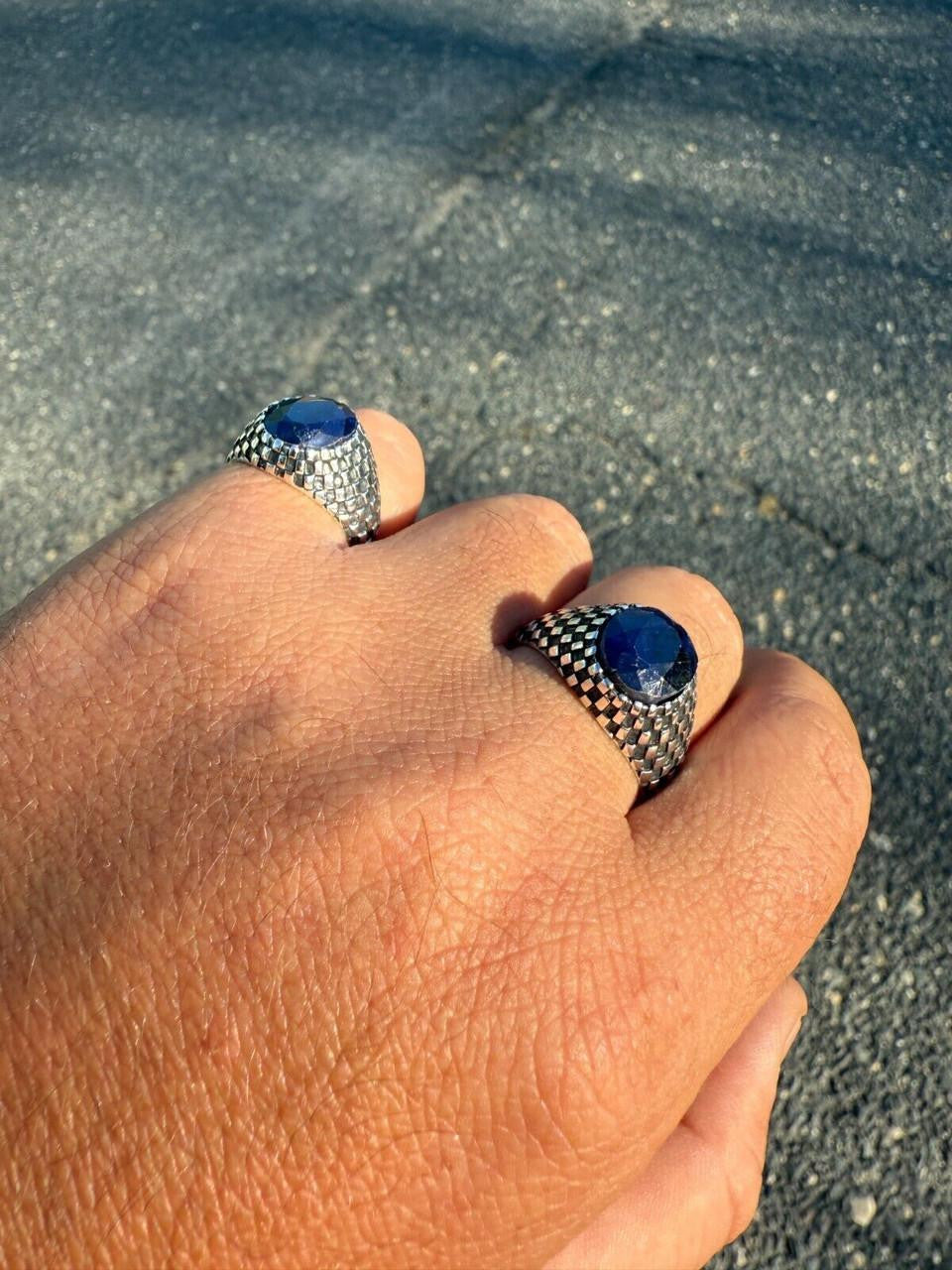 Black & White Ring - 925 Silver Oxidized - Genuine Blue Sapphire Stone