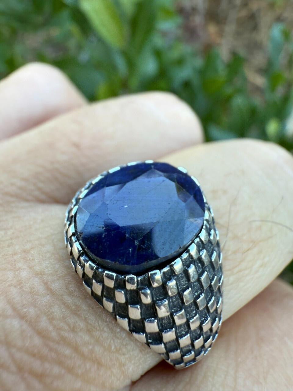 Black & White Ring - 925 Silver Oxidized - Genuine Blue Sapphire Stone