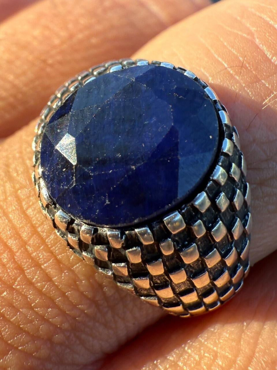 Black & White Ring - 925 Silver Oxidized - Genuine Blue Sapphire Stone