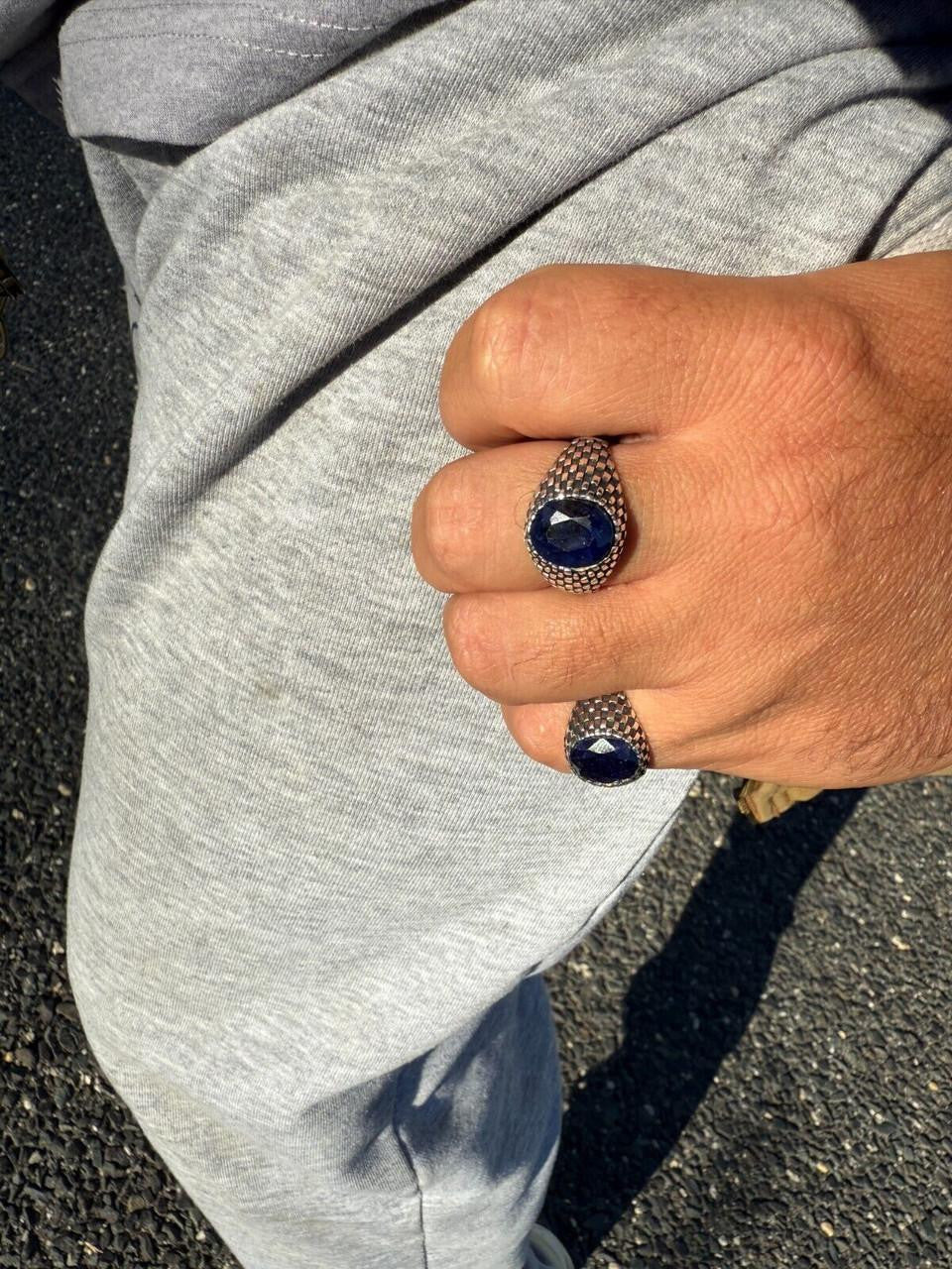 Black & White Ring - 925 Silver Oxidized - Genuine Blue Sapphire Stone