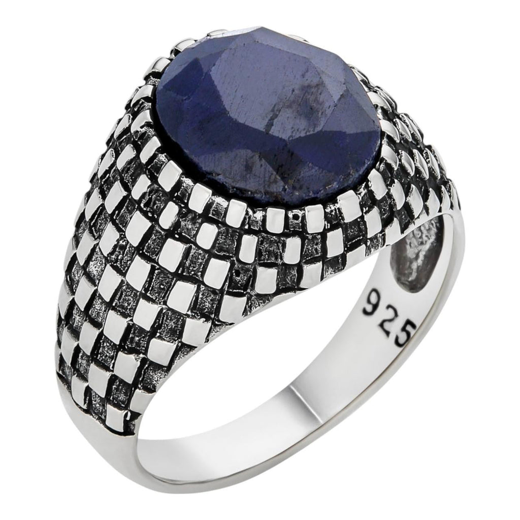 Black & White Ring - 925 Silver Oxidized - Genuine Blue Sapphire Stone