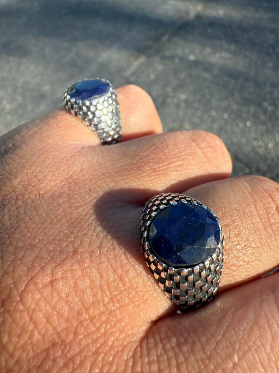 Black & White Ring - 925 Silver Oxidized - Genuine Blue Sapphire Stone