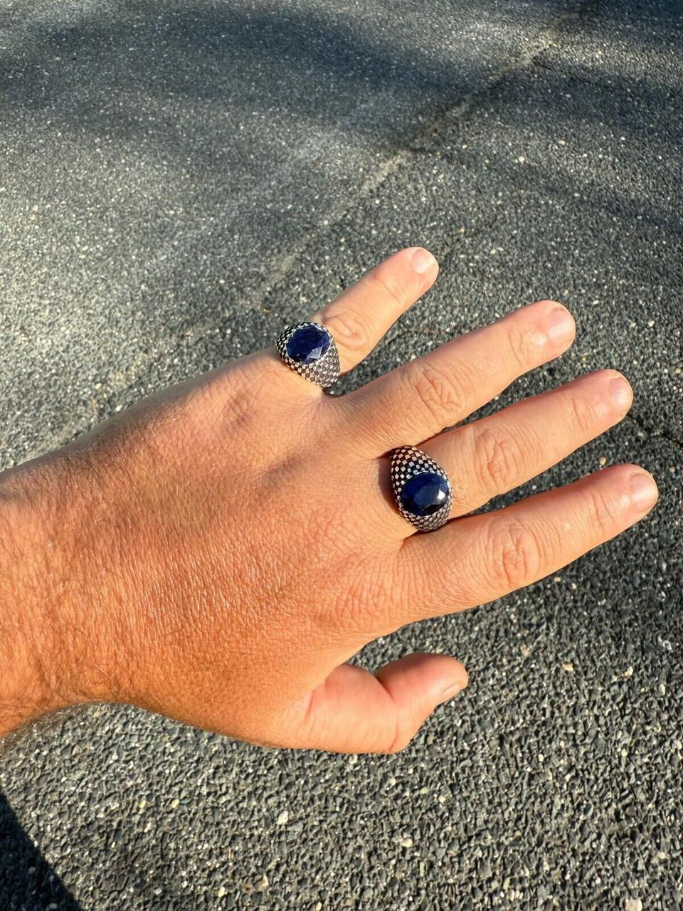 Black & White Ring - 925 Silver Oxidized - Genuine Blue Sapphire Stone