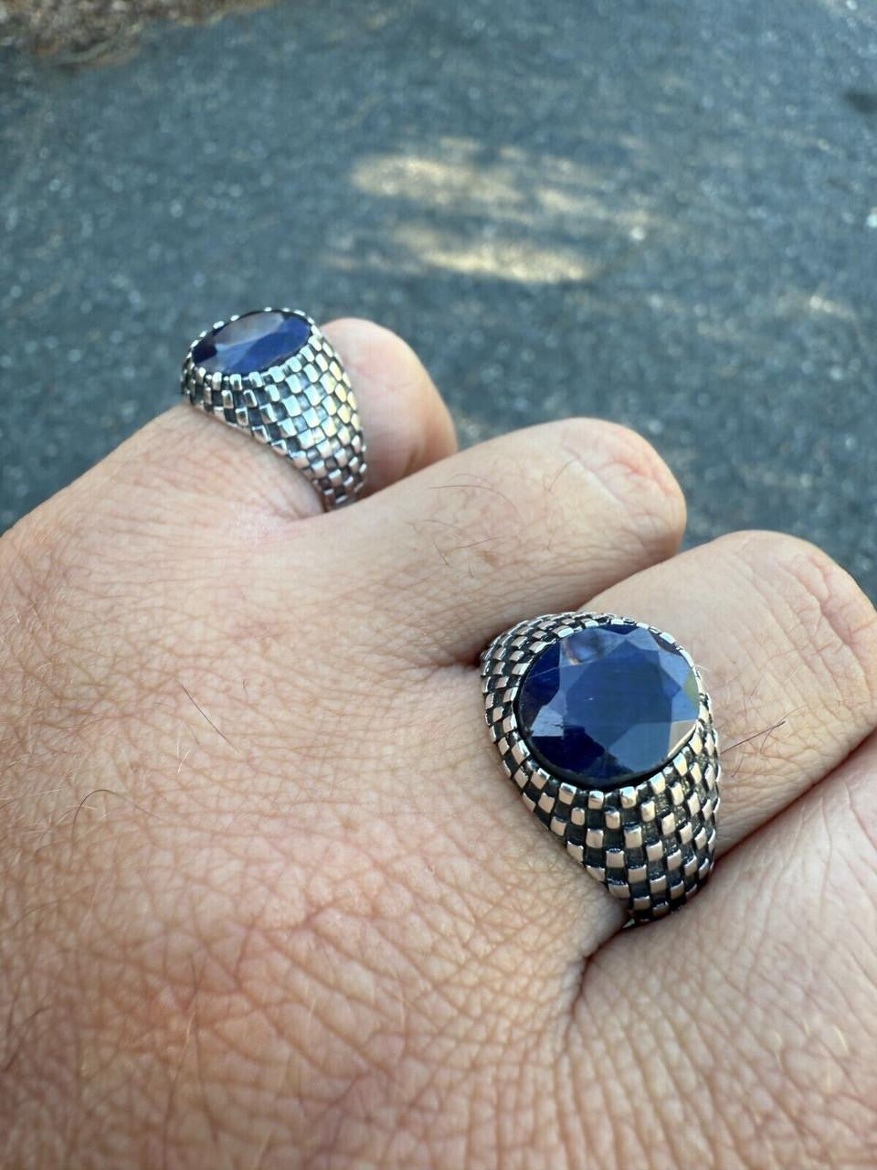 Black & White Ring - 925 Silver Oxidized - Genuine Blue Sapphire Stone