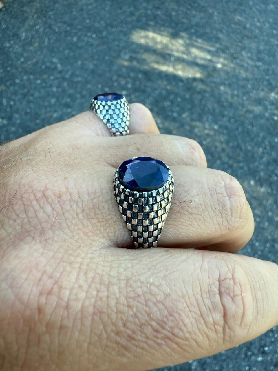 Black & White Ring - 925 Silver Oxidized - Genuine Blue Sapphire Stone
