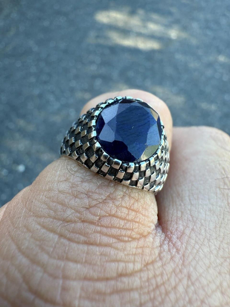 Black & White Ring - 925 Silver Oxidized - Genuine Blue Sapphire Stone
