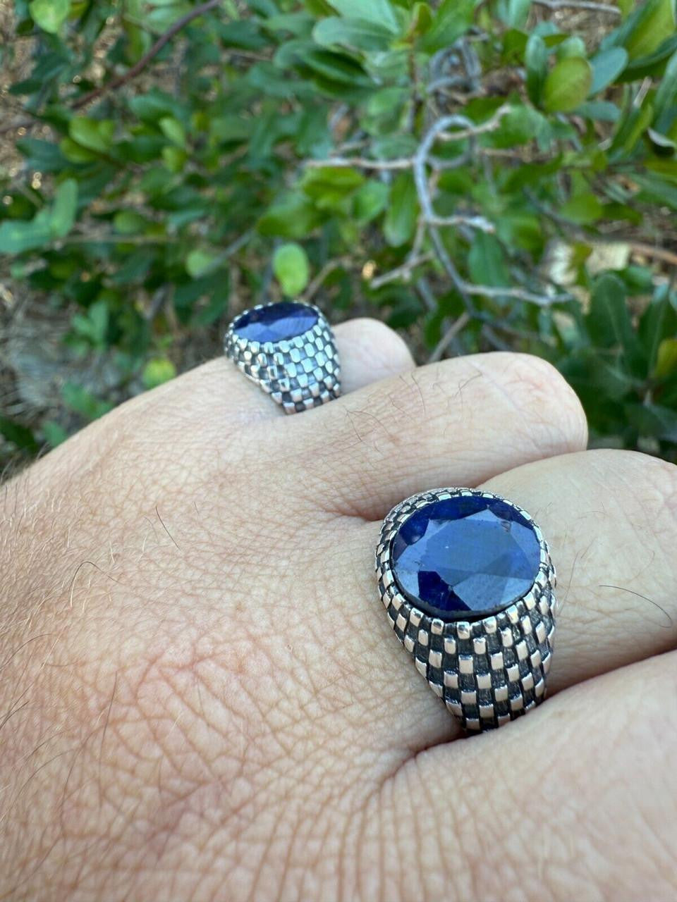 Black & White Ring - 925 Silver Oxidized - Genuine Blue Sapphire Stone