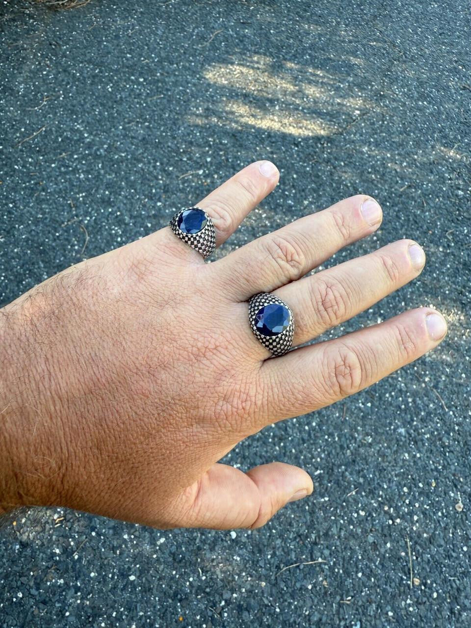 Black & White Ring - 925 Silver Oxidized - Genuine Blue Sapphire Stone