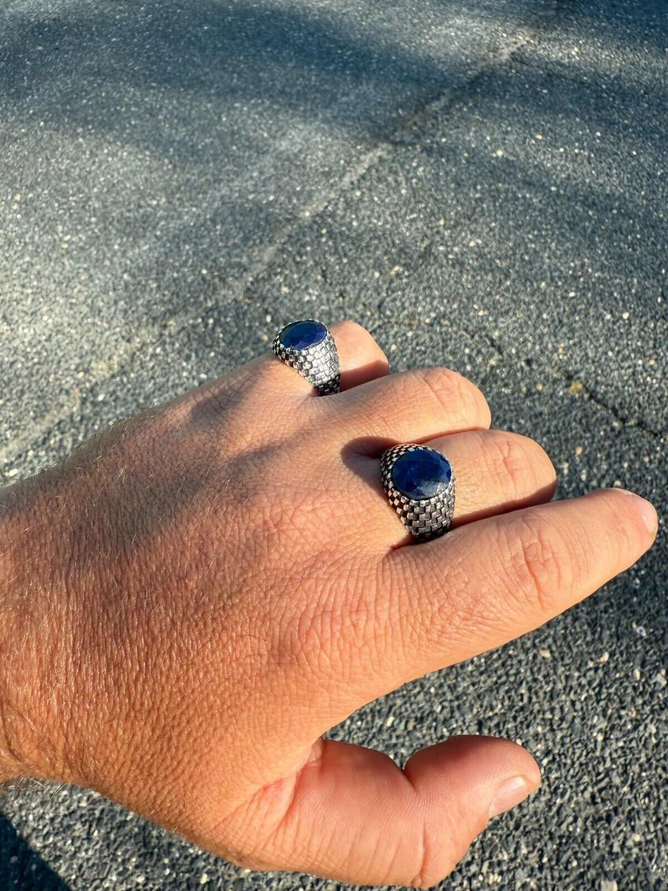 Black & White Ring - 925 Silver Oxidized - Genuine Blue Sapphire Stone