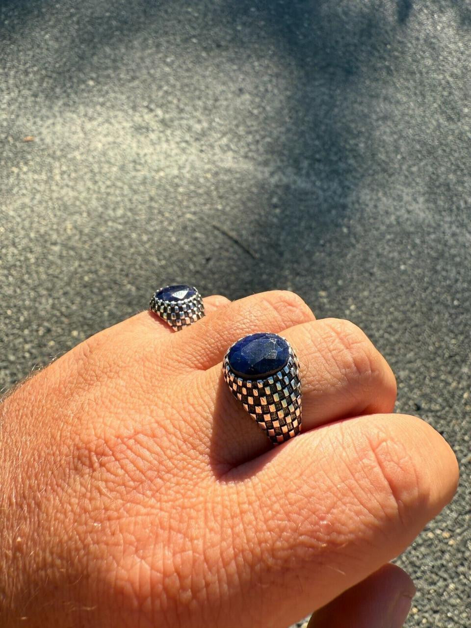 Black & White Ring - 925 Silver Oxidized - Genuine Blue Sapphire Stone