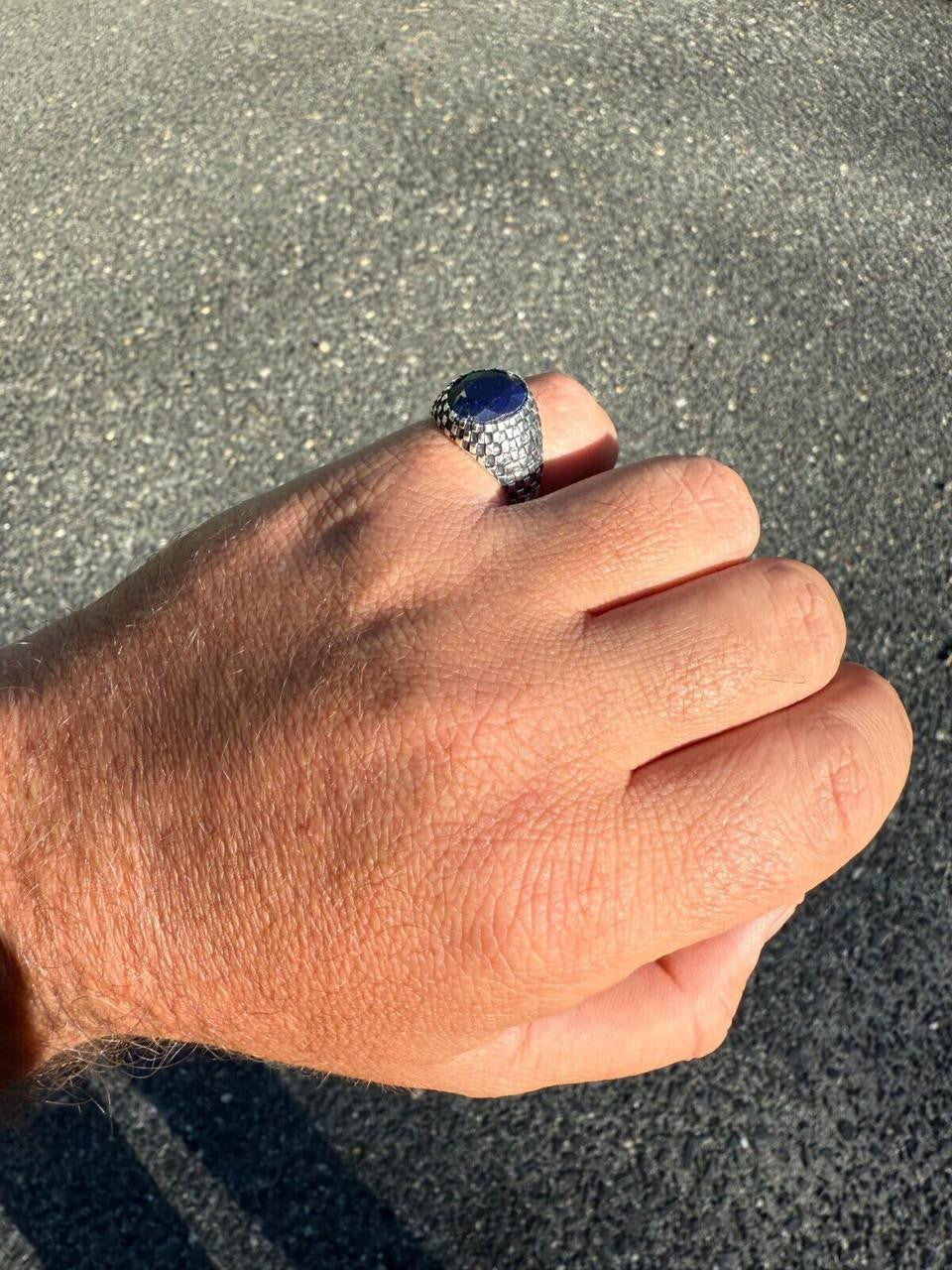Black & White Ring - 925 Silver Oxidized - Genuine Blue Sapphire Stone