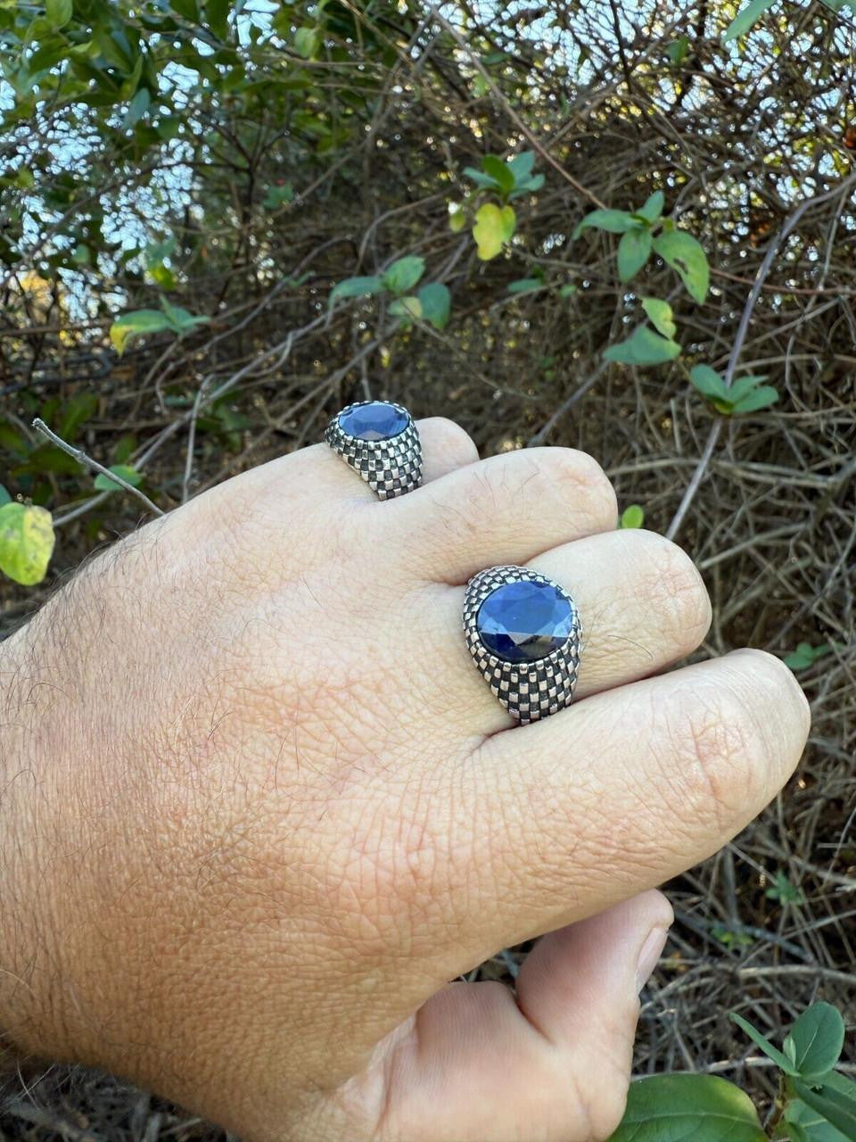 Black & White Ring - 925 Silver Oxidized - Genuine Blue Sapphire Stone