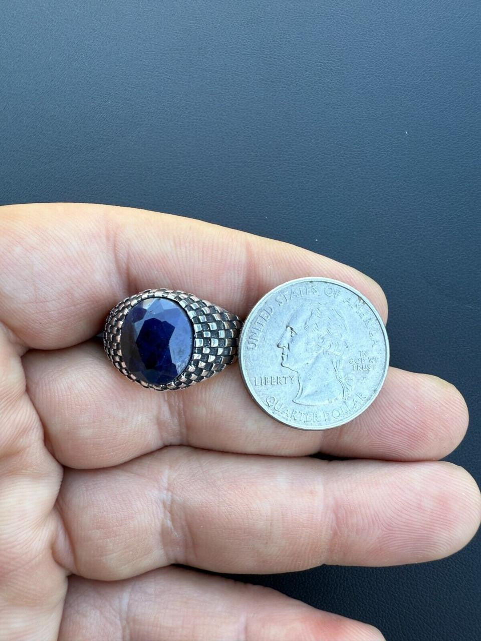 Black & White Ring - 925 Silver Oxidized - Genuine Blue Sapphire Stone