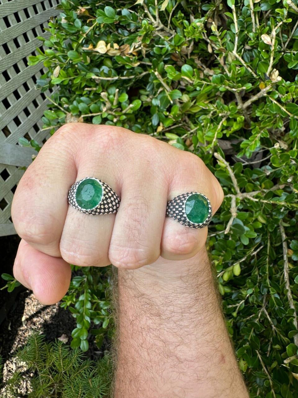 Black & White Ring - 925 Silver Oxidized - Genuine Green Emerald Stone