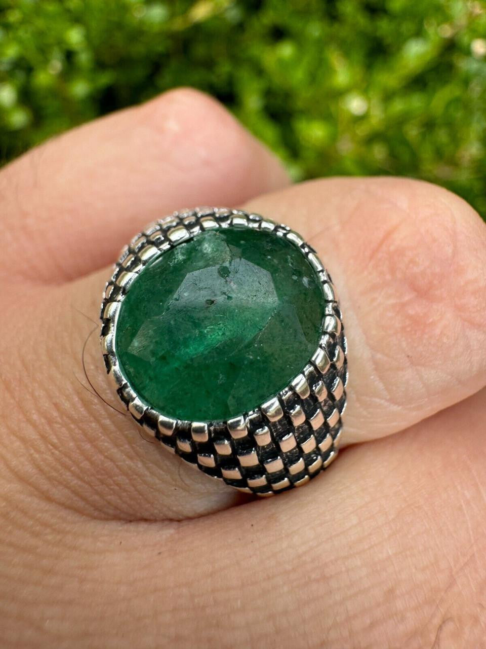 Black & White Ring - 925 Silver Oxidized - Genuine Green Emerald Stone