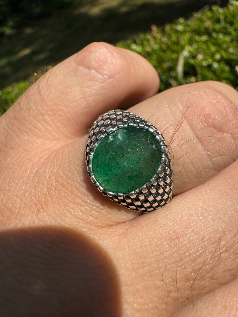 Black & White Ring - 925 Silver Oxidized - Genuine Green Emerald Stone