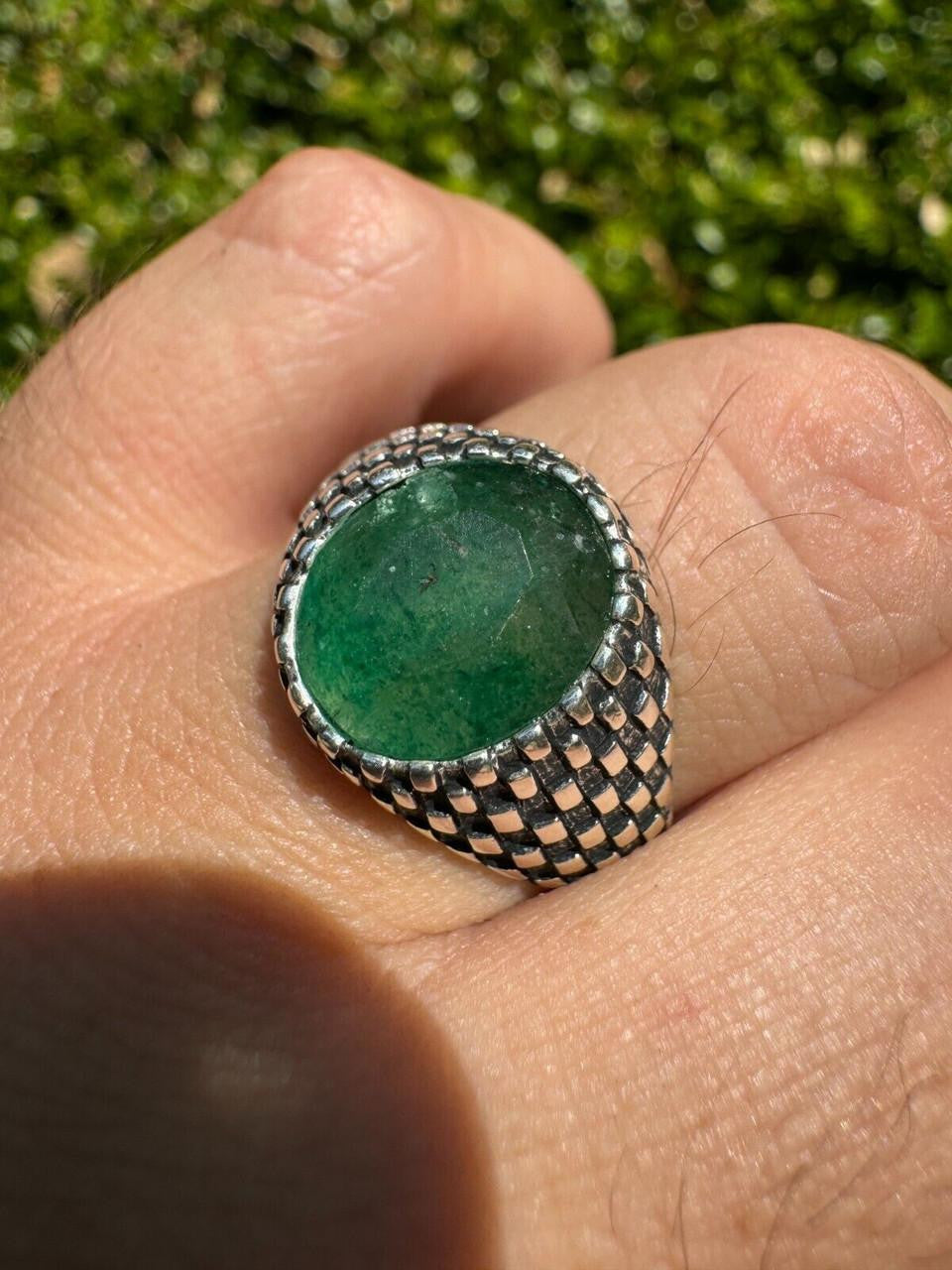 Black & White Ring - 925 Silver Oxidized - Genuine Green Emerald Stone