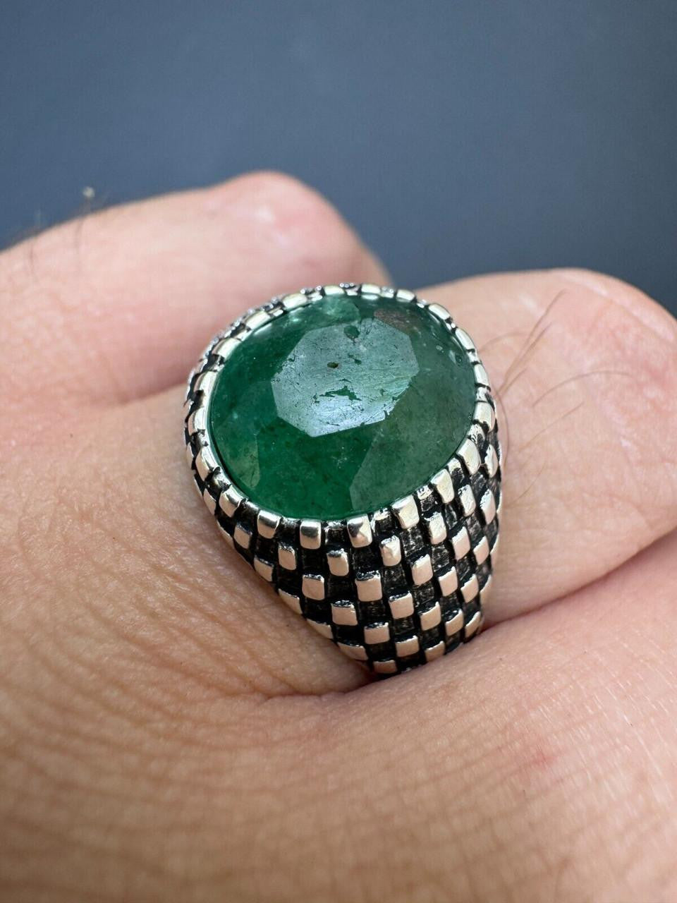 Black & White Ring - 925 Silver Oxidized - Genuine Green Emerald Stone