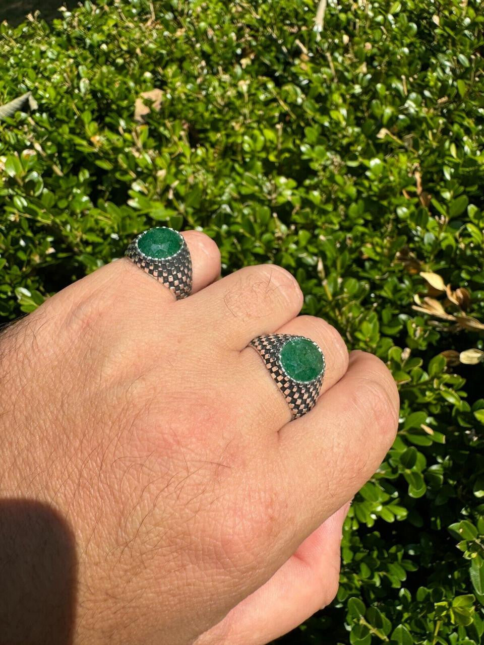 Black & White Ring - 925 Silver Oxidized - Genuine Green Emerald Stone
