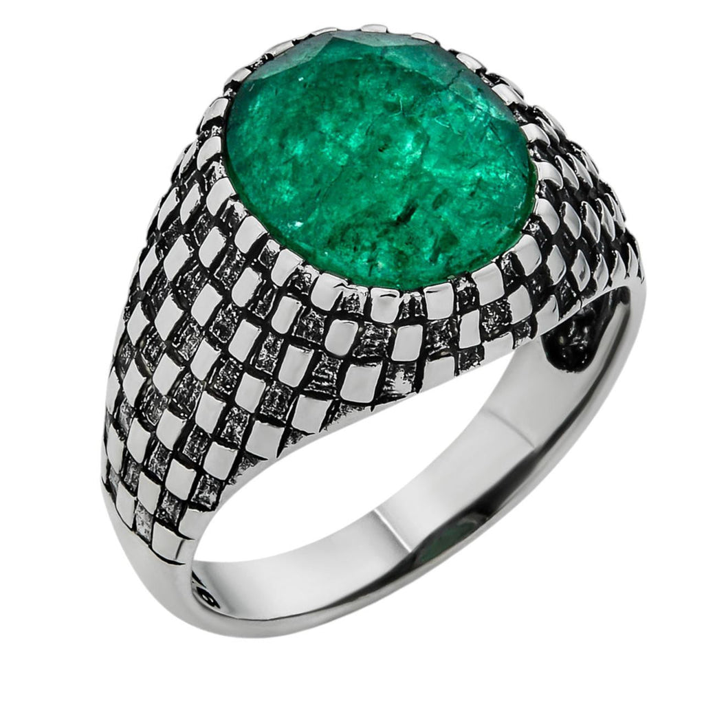 Black & White Ring - 925 Silver Oxidized - Genuine Green Emerald Stone