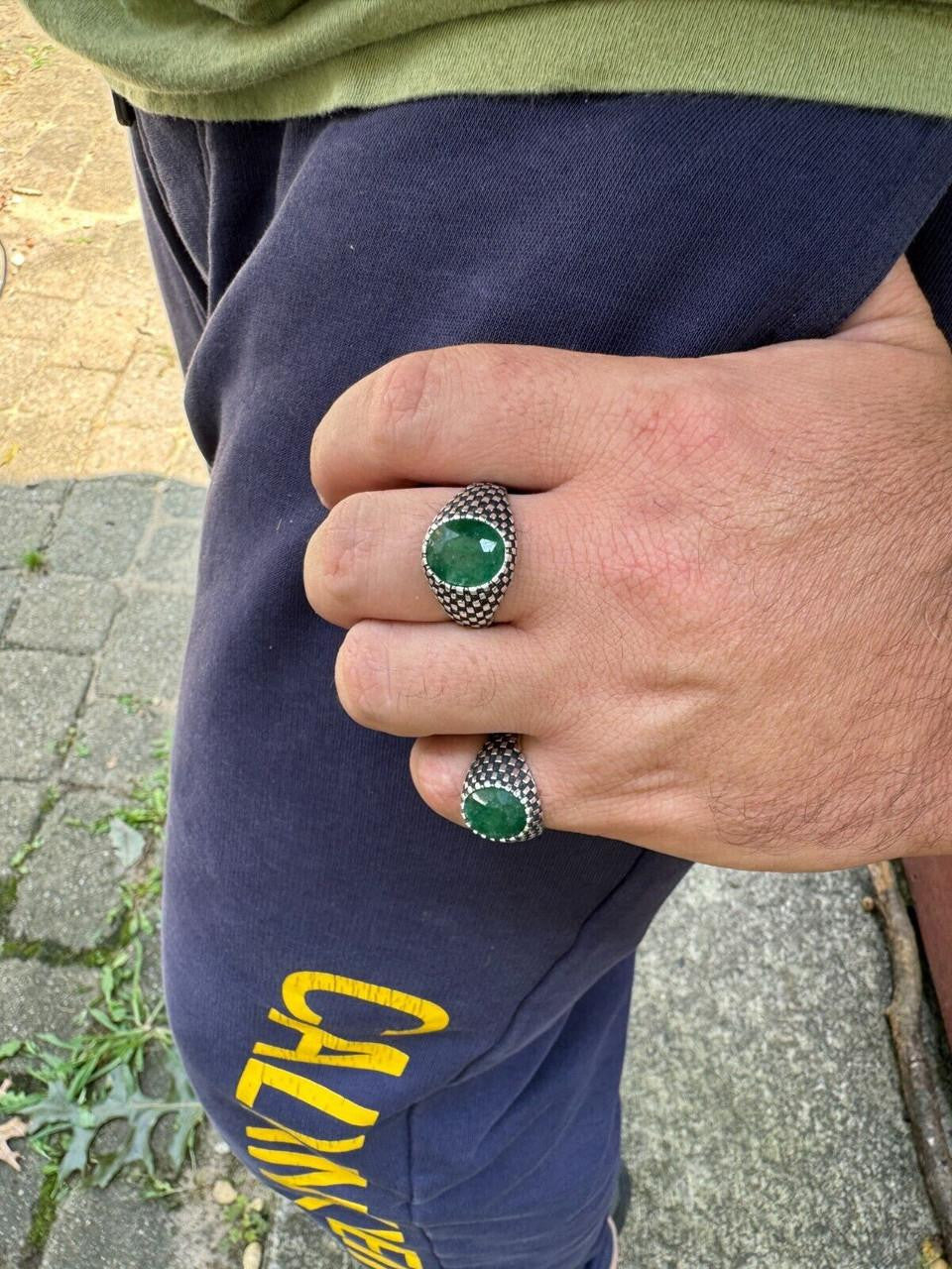 Black & White Ring - 925 Silver Oxidized - Genuine Green Emerald Stone