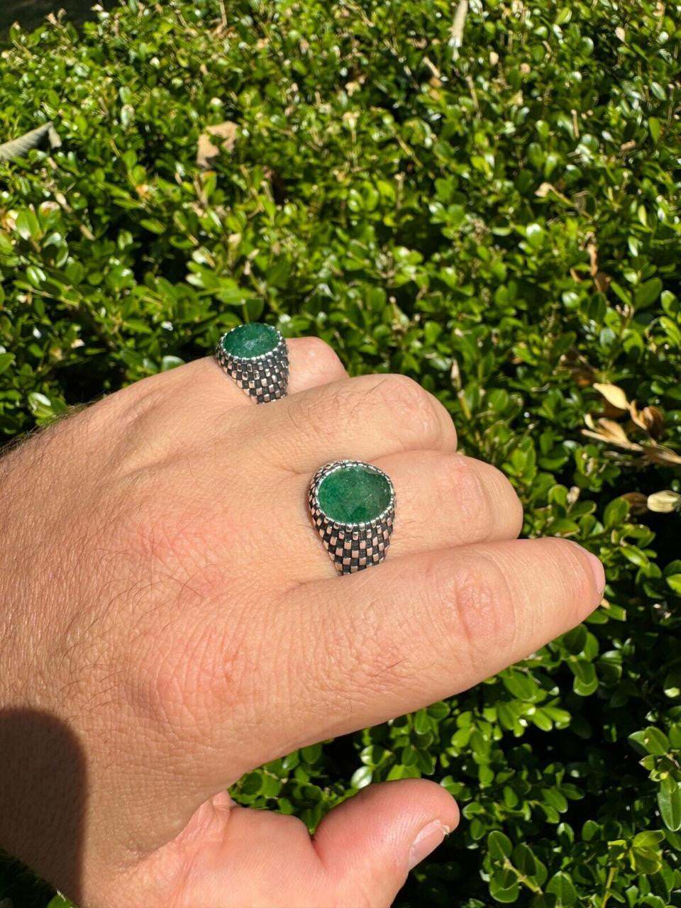 Black & White Ring - 925 Silver Oxidized - Genuine Green Emerald Stone