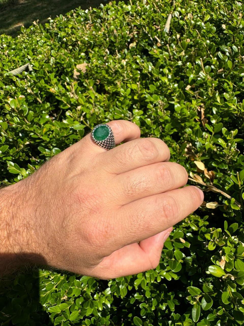 Black & White Ring - 925 Silver Oxidized - Genuine Green Emerald Stone